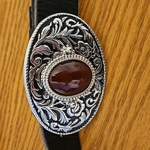 Vintage carnelian stone belt buckle on black leather Gelante belt. L/38-40.